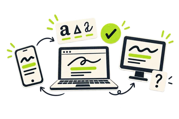 A phone, laptop and desktop monitor showing text compatibility across devices