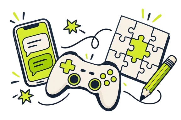 A smartphone, game controller, puzzle card and pencil for playful text ideas